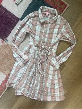 Girls' Pink Plaid Tie-Waist Shirt Dress